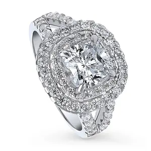 BERRICLE Sterling Silver Halo Engagement Rings Statement Split Shank Ring for Women, Cushion Cut Cubic Zirconia CZ