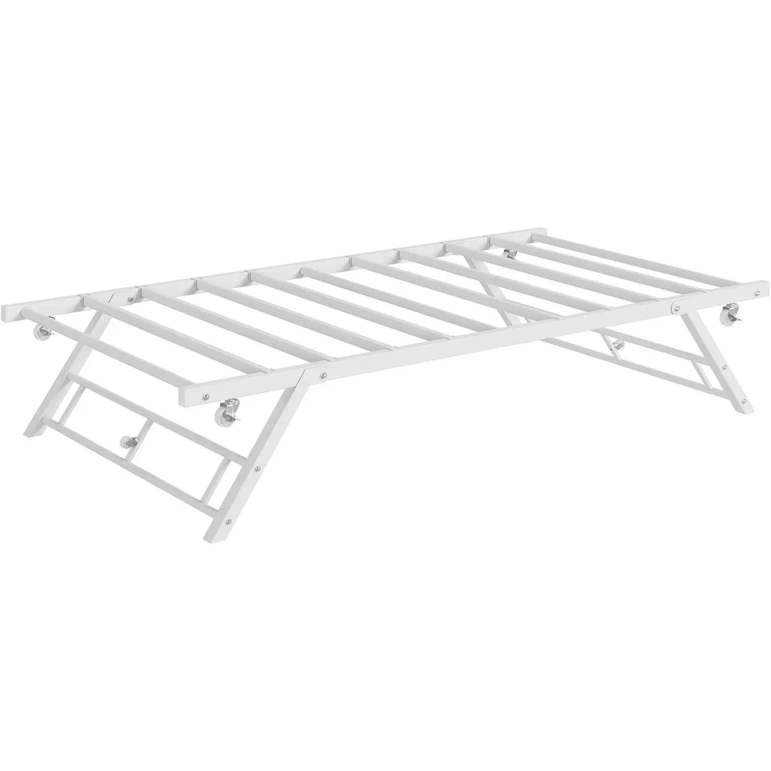 Twin Pop Up Trundle Bed Frame Only, Stand Up Roll-Out Trundle for Daybed, Foldable Metal Platform with Steel Slat Support and Lockable Casters, Space-Saving Guest Bed