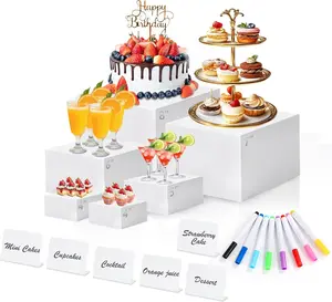 6 Pcs White Acrylic Buffet Risers with Mini Sign and Maker, Food Display Stands for Buffet Table Party Catering Dessert Jewelry Collectibles,Nesting Cube Boxes with Hollow Bottoms (8",7",6",5",4",4")