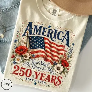 Comfort Colors 250 Years Flag & Poppies Shirt, Patriotic Floral T-Shirt, God Shed His Grace on Thee Tee, 250th Anniversary Shirt