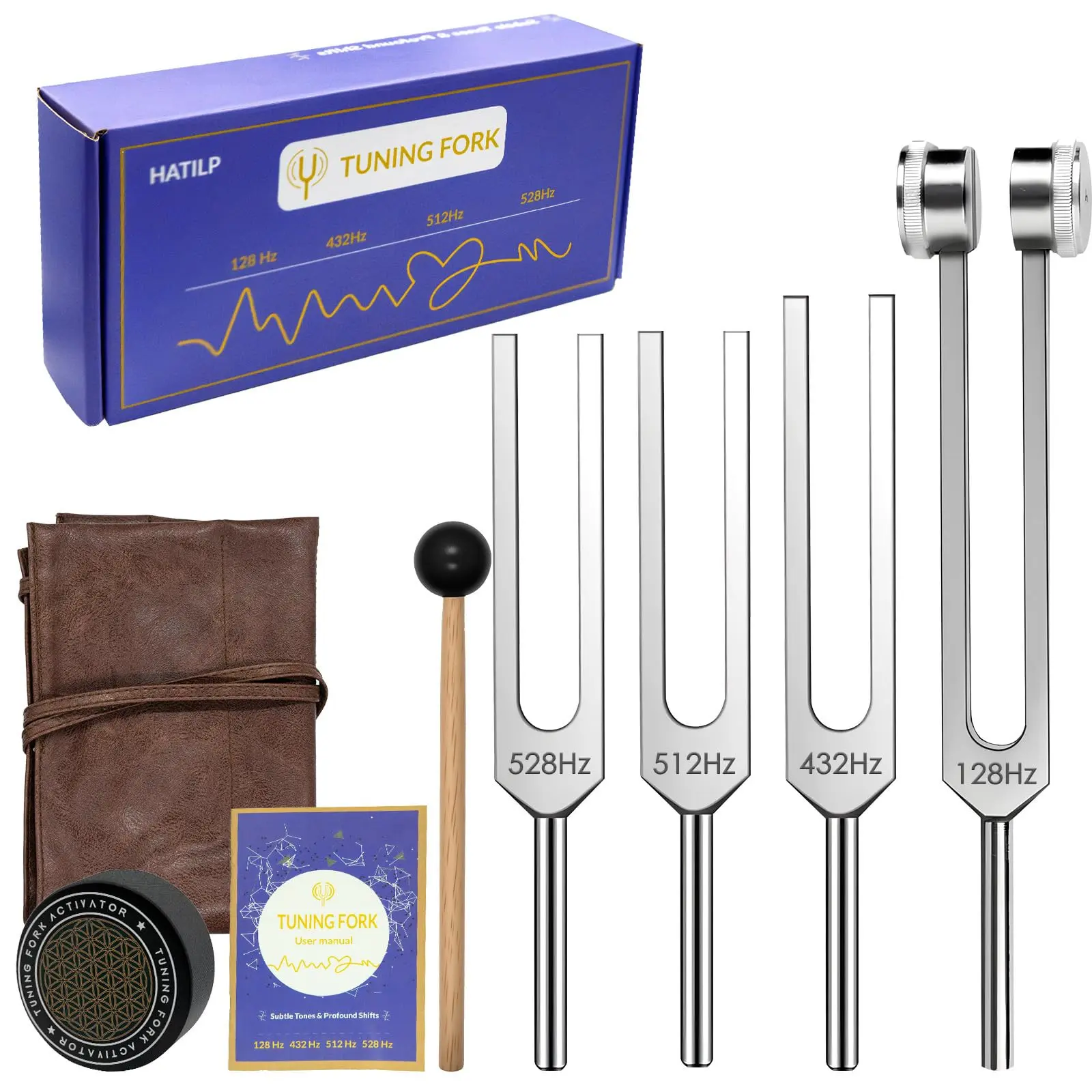 Tuning Fork Set – 128hz 432hz 512hz 528hz, Weighted and Unweighted Frequency Tools, Yoga, Meditation, Chakra, Gift Idea, Activator
