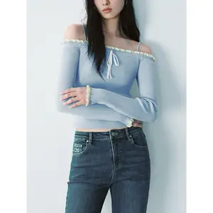 URBAN REVIVO Women's Off-Shoulder Skinny Fit Knit Top, Long Sleeve Casual Polyester-Wool Blend Pullover, Knitting