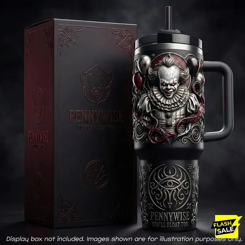 Pennywise It Horror Movie Tumbler 40oz, You'll Float Too Scary Clown Stainless Steel Cup With Handle Straw, Red Balloon Gothic Design, Spooky Halloween Drinkware, Creepy Film Merch Birthday Gift Idea For Men Women