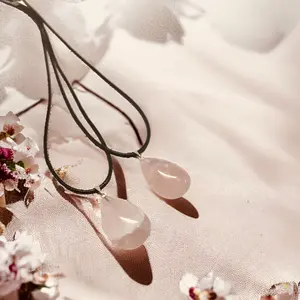 Natural Brazilian Rose Quartz Teardrop Crystal Pendant Necklace