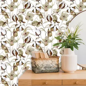 Cotton Flower Wallpaper, Floral Wall Mural, Flower Wallpaper, Watercolor Wallpaper, Peel and Stick