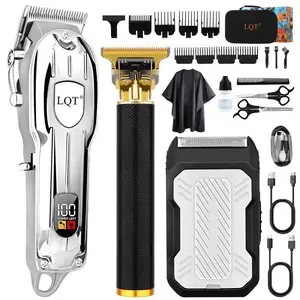LQT Luxury 3pcs Grooming Set: silver clipper with LED display, black-gold zero-gap trimmer, black-white portable shaver. R-shaped safe blades, quiet motor for kids, large lithium battery long runtime, USB fast charge, must-have for home travel business