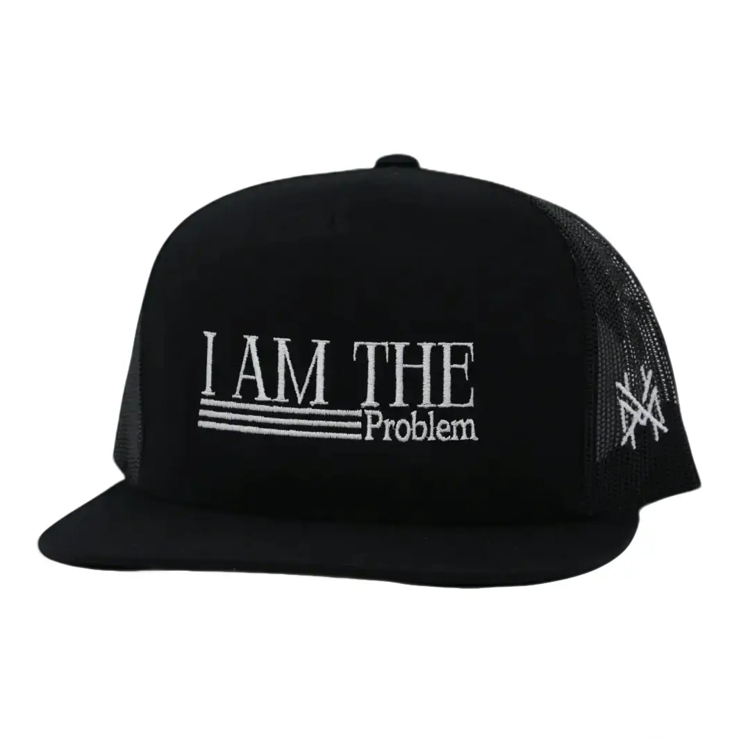 Trucker Hat with "I AM THE Problem" Embroidered Logo, Unisex Streetwear Flat Bill Cap in Cotton Mesh, Adjustable Snap for Casual Wear, Hip Hop