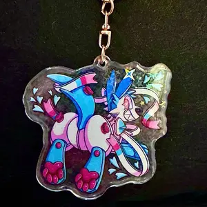 Shiny/Regular Sylveon AND Jolteon Pooltoy Holographic Enamel Coated Keychain Bundle 2 Keychains Total
