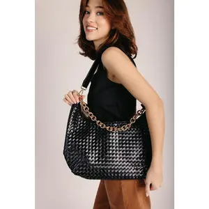 The Sienna Slouchy Woven Shoulder Bag in Black