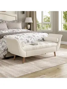 Bellemave  Upholstered Velvet Bench, End of Bed Bench with 2 Pillows, Upholstered Button Tufted Ottoman,Footstool with Rolled Arms, Foot Rest with Solid Wood Legs, for Entryway, Living Room ,Dining Room