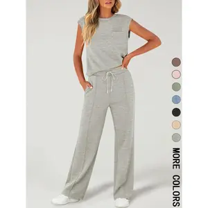 Women's Solid Fitted Tank Top with Pockets & Drawstring Waist Pants Two-piece Set, Casual Sleeveless Round Neck Top & Trousers for Daily Wear, Ladies Two-piece Outfits for All Seasons, Clothes, Womenswear