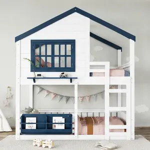 ARCH Full Size Bunk Bed with Bookshelf, House Design Loft Bed for Kids, White & Blue, High Safety Fencing, Sturdy Pine Wood & MDF, Space-Saving Children's Bed Frame with Ladder, Play Area Below, Bedroom Furniture, Full Size Options