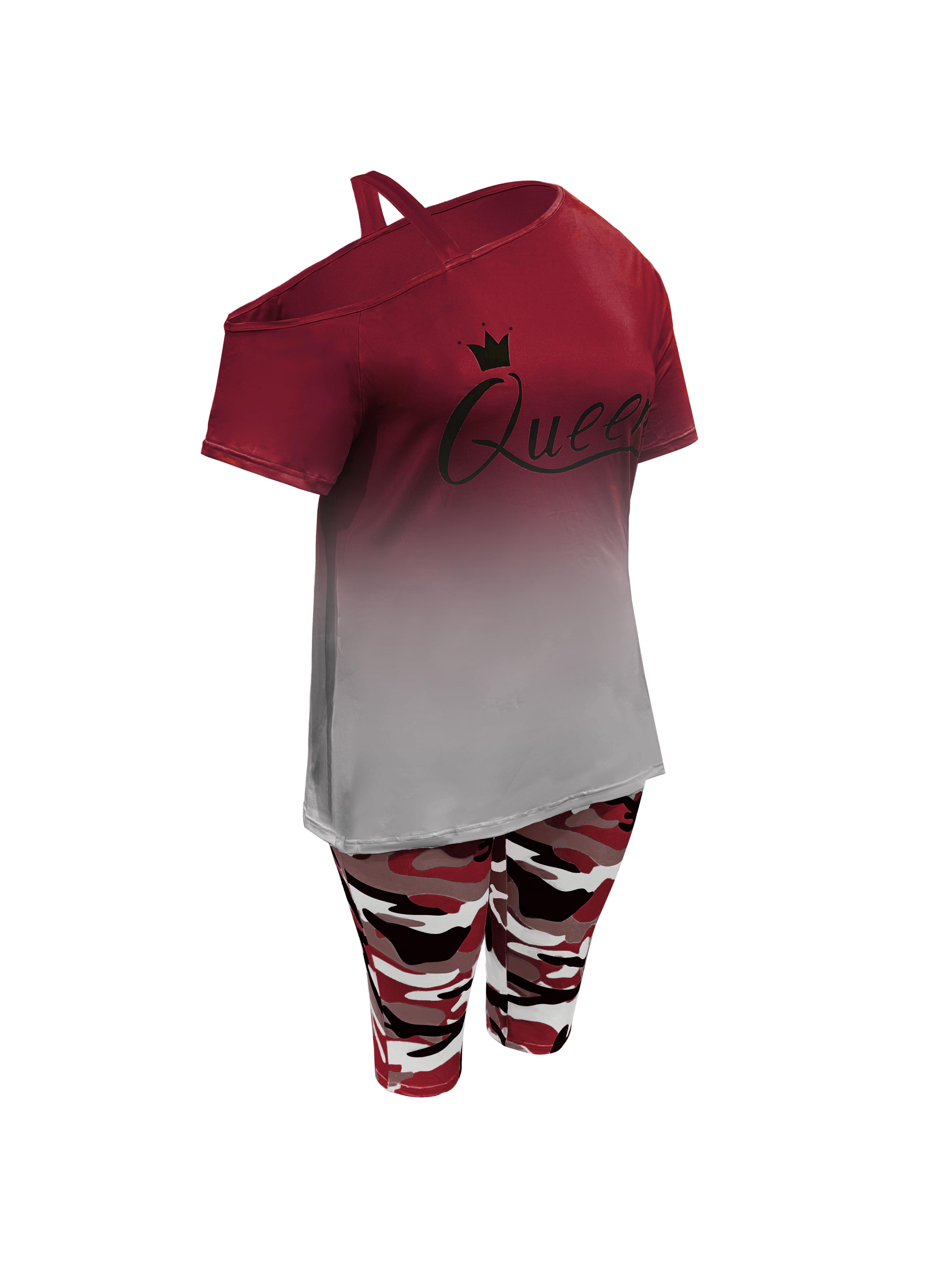 Women's 2-Piece Casual Chic Cowl Neck Shortsleeve Outfits - "Queen" Lettering Camisole, Camouflage Shorts, Casual Vacation Wear, Casual Chic Set