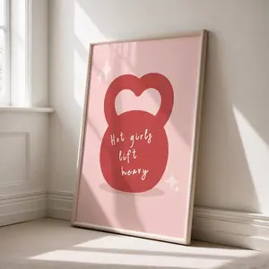 [SALE UP TO 50% + FREE SHIP] Pink Red Hot Girls Lift Heavy Print - Kettlebell Gym Fitness Wall Art