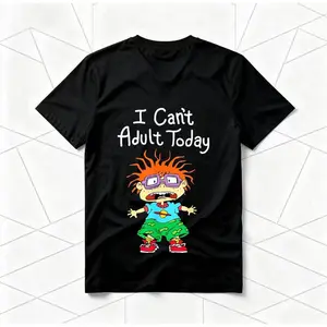 American retro black short-sleeve unisex T-shirt, featuring nostalgic 90s character designs, casual street style, suitable for cartoon enthusiasts, a unique and quirky pop culture fashion item, a fun-filled crew neck men's garment