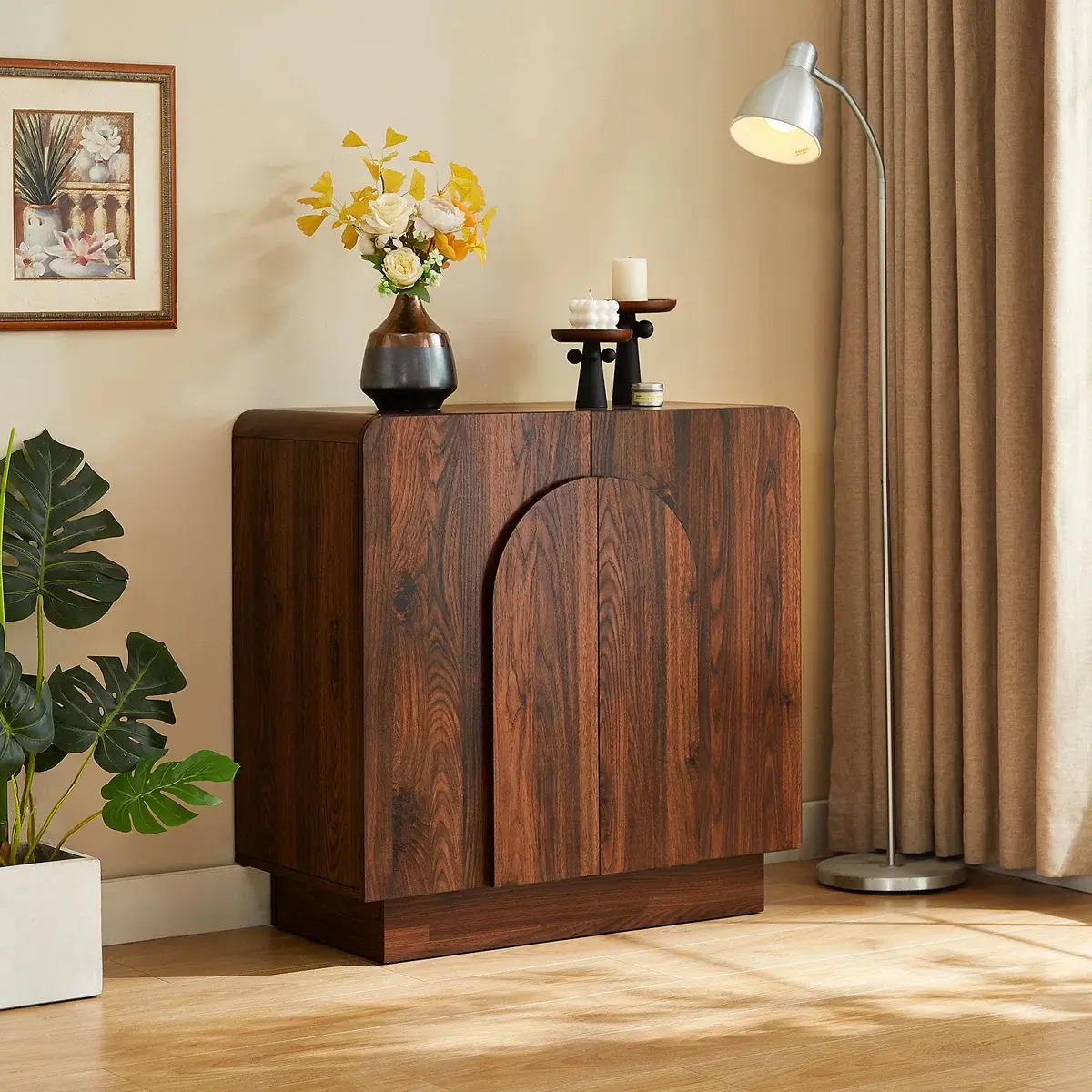 【SummerFinds】ONBRILL Modern 31.5" Arched Freestanding Wood Cupboard Furniture, Curved Sideboard with 2 Curved Door Handles, Adjustable Shelves & Built-in Storage for Stylish Indoor Modern Storage Cabinet