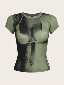 Women's Round Neck Human Body Heat Map Print T-Shirt, Trendy Slim-Fit Short Sleeve Top, Fashionable Graphic Tee for All Seasons