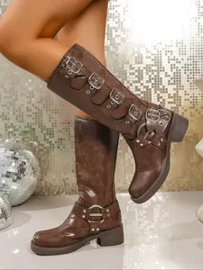 Classic fashion mid-calf boots, buckle straps, Punk boots, Vintage Soul Boots, stylish women's footwear, comfortable design, suitable for daily wear.