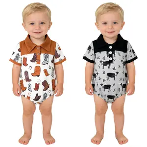 Baby Boy Western Cowboy Romper Boots Print Short Sleeve Polo Shirt Bubble ,Infant Summer Cowboy Button Bodysuit Country Style Summer Clothes