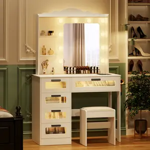 Lvifur Makeup Vanity Desk with Mirror and Lights,Vanity Table with 5 Drawers&2 Shelves,Vanity Set for Bedroom,Dressing Table with 10 Light Bulbs,Desk Vanity with USB Port&Human Sensor Design