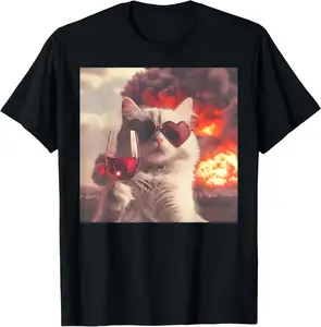 100% CottonFunny Cat Sunglasses Drinking Wine Selfie of Explosion Meme T-Shirt