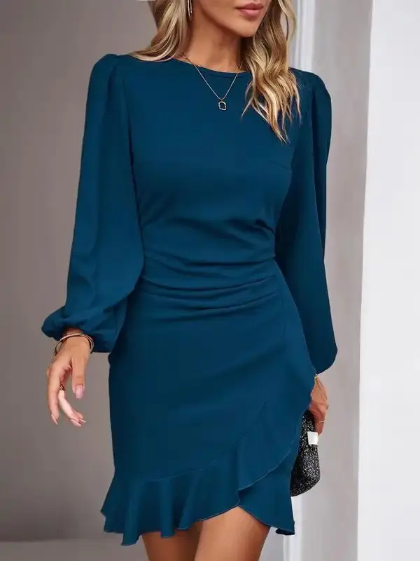 Women's Plain Ruched Ruffle Trim Zipper Dress, Bishop Sleeve Short Dress for Party Holiday Wedding Guest, Ladies Fall & Winter Clothes Wedding Guest Dress