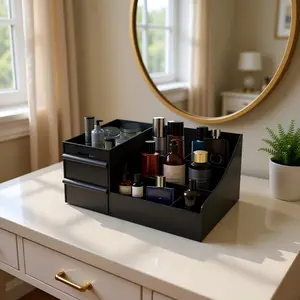 Luxury Black Cologne Box for Men - Medium Vanity Organizer with Drawers,Perfume & Grooming - Great Gift for Boyfriend, Husband, Dad on Special Days