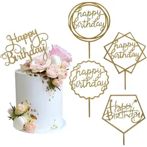 Gold Acrylic Cake Topper Happy Birthday Cake Decoration Supplies 5 Pieces Bakeware Round Gifts Glow-In-The-Dark LED Candy Bag Halloween House Decor Artificial Banner Indoor Outdoor Cups for Iced Coffee Creative Mask Party