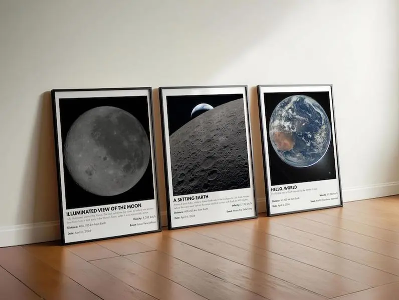Set of 3 NASA Space Prints, Triptych Moon and Earth Wall Art , Product without frame