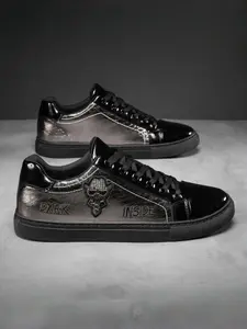 Unisex Black-Silver Color-Block Casual Sneakers: Glossy Design + Hot-Diamond Decoration, Daily Street Trendy Shoes, Walking Shoes, Streetwear Footwear