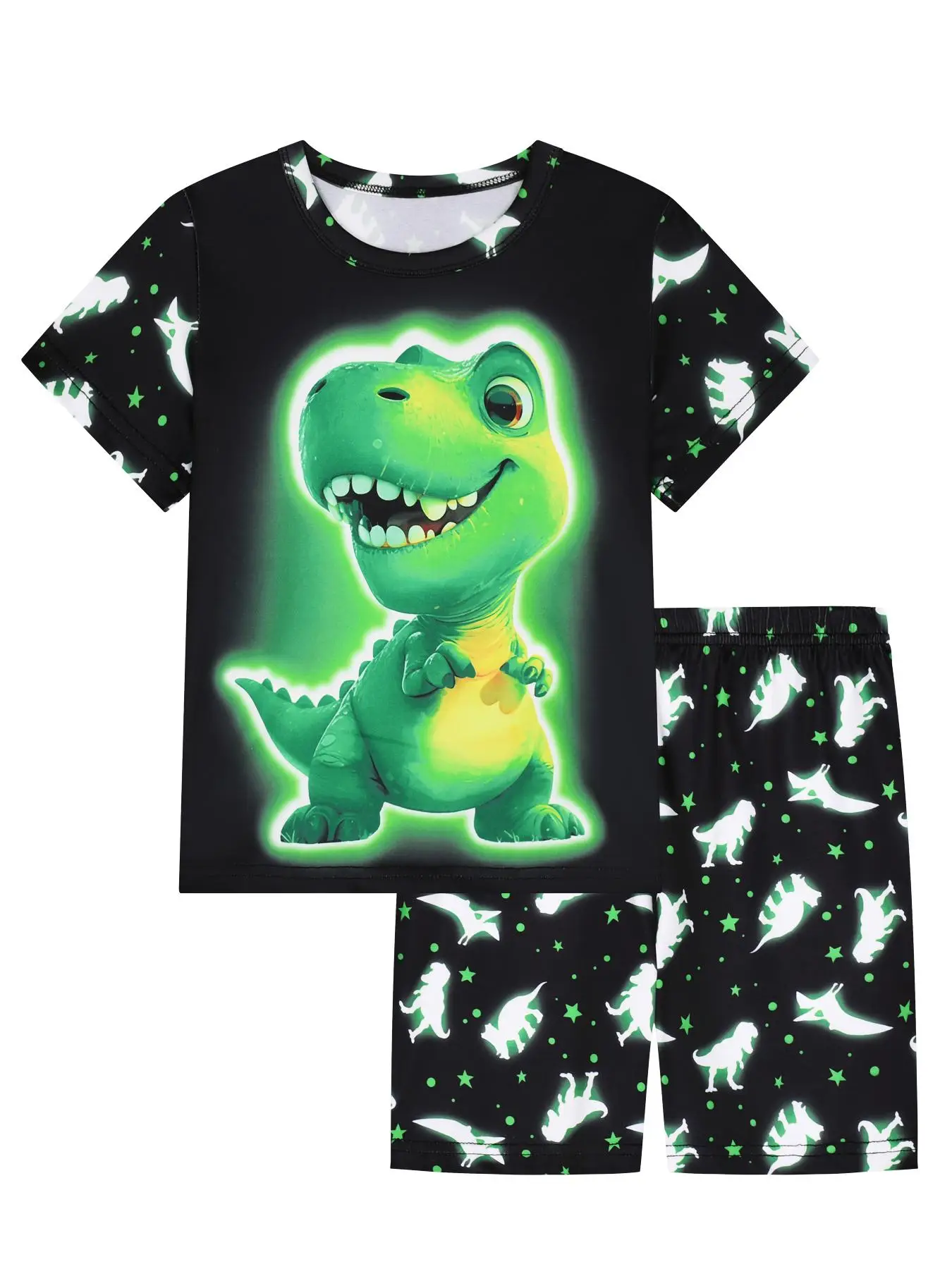 Boy's Cartoon Dinosaur Print Crew Neck Tee & Elastic Waist Shorts Pajama Two-Piece Set, Casual Comfy Round Neck Short Sleeve T-shirt & Shorts PJ Set,