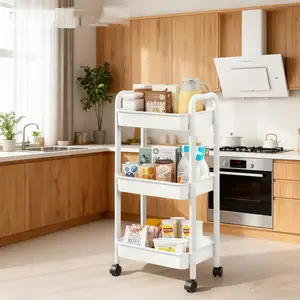 Essential Storage Cart for RV Office, Durable Storage, Three-Tier Plastic Organizer with Wheels, Space-Saving Hanging Baskets, Tool-Free Assembly