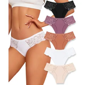 Sexy Underwear for Women Lace Silky Seamless No Show Undies Low Rise High cut Bikini Hipster Cheeky Panties 5 Pack