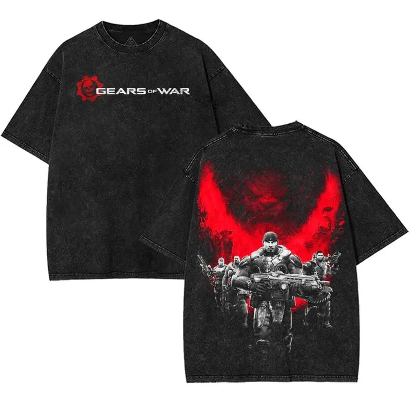 Gears of War game art Washed Tshirt Oversize 2 Sided Cotton unisex graphic game movie Tops graphic tee game acid wash