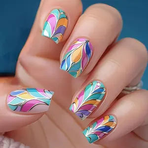 Medium-Length Blue Striped False Nails, Removable Glossy Fake Nail Tips, Multi-Color Feather Design, Artificial Nails for Daily Use, Handmade Press On