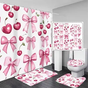 This 1/4-piece stylish pink cherry and bow pattern shower curtain set includes a non-slip mat, a U-shaped rug, and a toilet seat cover. Perfect for bathroom décor, partitioning, and beautifying the space. Comes with 12 shower curtain hooks.