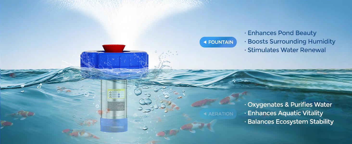 Pond Fountain Aerator  1HP 110V 750W 15000 GPH Floating Fountain Pump with 100 FT Power Cord  2 x 100 FT Rope Timer  Fully Automatic Powerful Aerating Fountain for Larger Ponds, Lakes