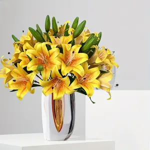 5 Counts Simulated Lilies Fake Flowers Real Touch Artificial Decorative Home Decor Office Decoration Wedding Bouquets Table Center Ornaments Lifelike Fake Plant