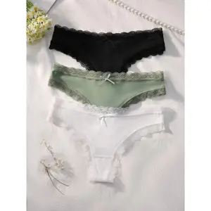 Women's Bow Decor Contrast Lace Thong, Casual Soft Comfy Breathable Knicker for Daily Wear, Underwear for All Seasons, Fashion Breathable Underwear