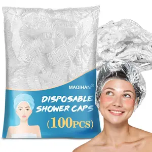 100 Disposable Shower Caps Unisex - Large Plastic Hair Caps for Deep Conditioning, Reusable Waterproof for Women & Men, Travel Essentials Thick White