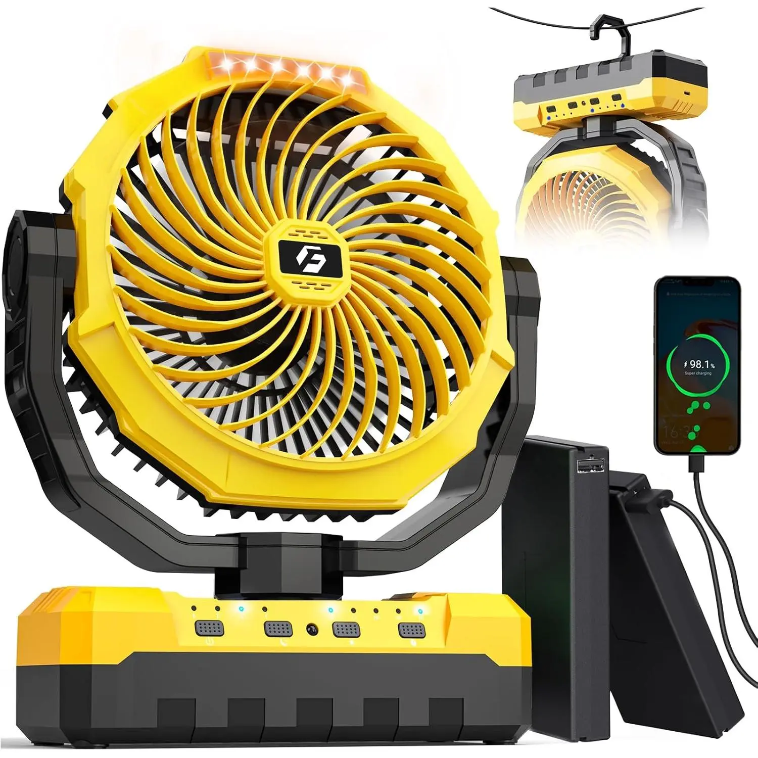 Rechargeable Fan with 2 count Detachable  - 48000mAh(127H Working) Camping Fan Portable,   Fans with Hook, Timers, Ventilador Recargable for Tent, Travel, Gifts for Men Dad, Yellow