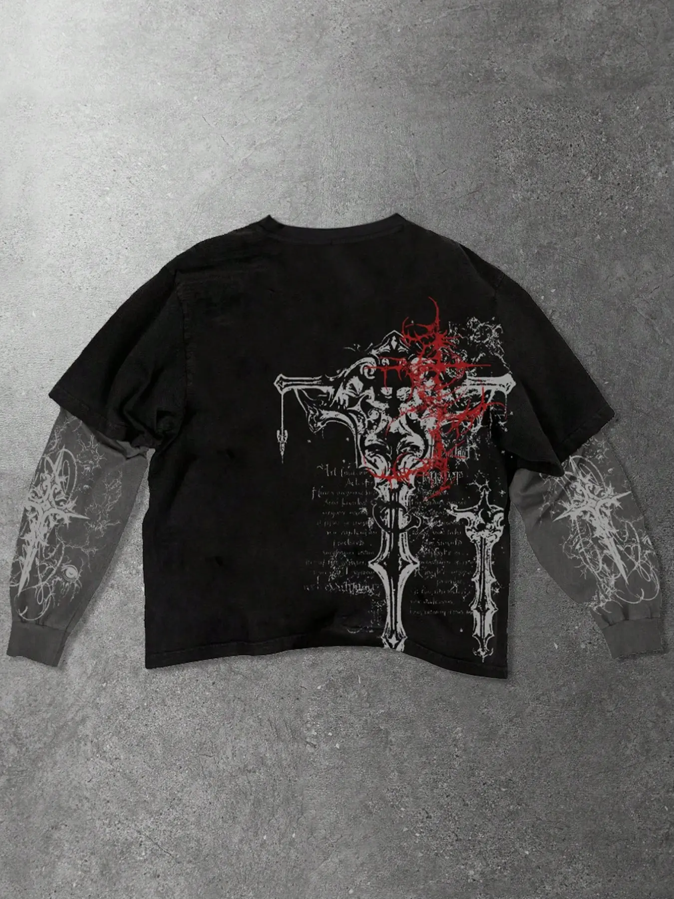 Oversized Gothic Graphic Long Sleeve T-Shirt - False Two-Piece