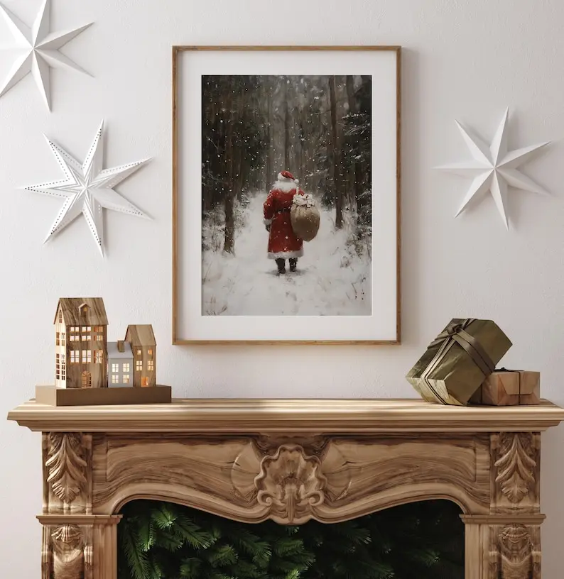 [UNFRAMED POSTER] Printable Christmas Wall Art, Vintage Santa Oil Painting Print Poster, Snowy Landscape Art, Seasonal Christmas Decor, Christmas Print