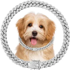 Luxury Silver Cuban Link Dog Chain Collar with Crystal Rhinestones, Diamond Bling Pet Necklace Jewelry, Stylish Metal Chain Collar for Small Medium Large Dogs and Cats, Fashion Hip Hop Pet Accessories