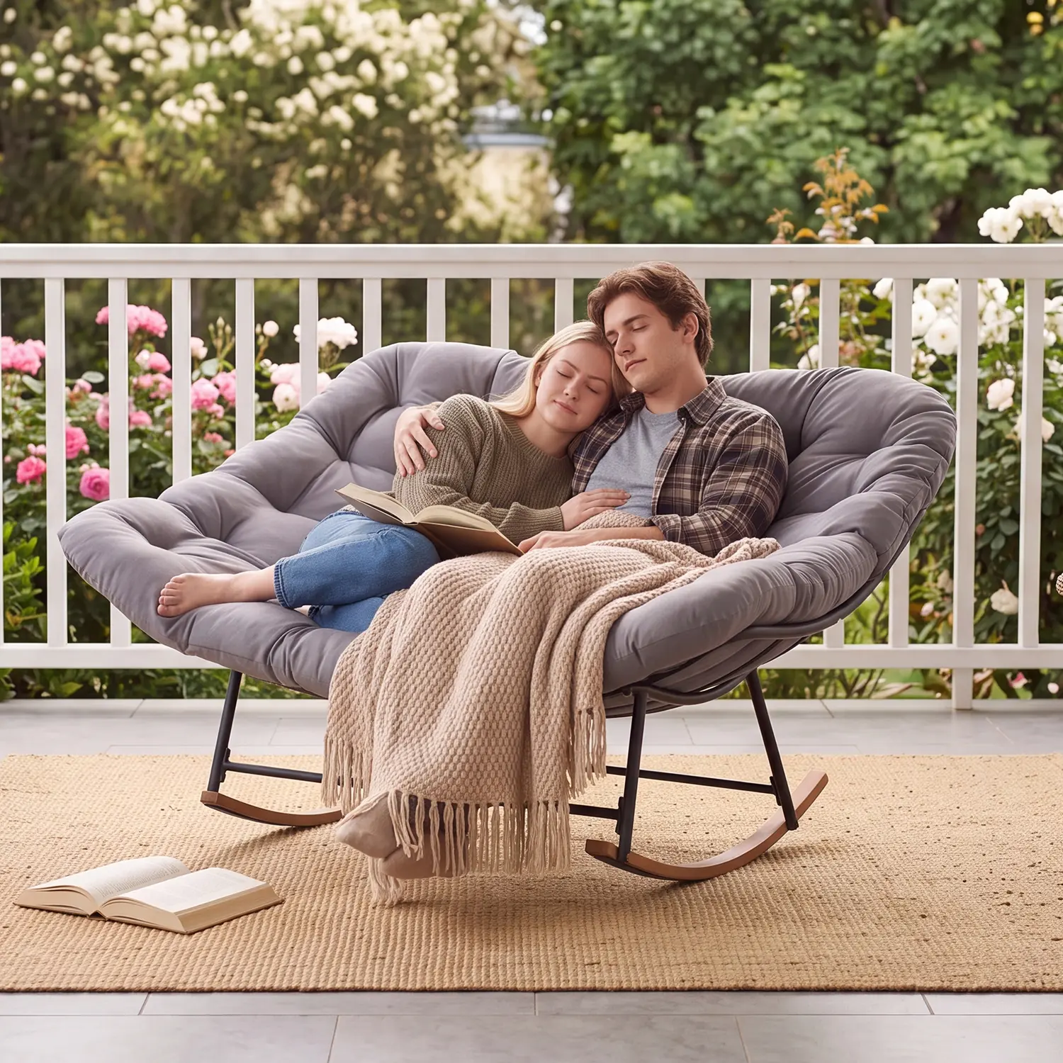 Aoxun Double Rocking Chair, 2-Seat Outdoor Indoor Rocking Loveseat with Thick Water-Resistant Cushion, Heavy Duty Steel Frame Patio Rocker Chair for Balcony Backyard Porch, 3 Color Options Grey / Orange / Light Gray