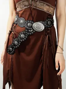 Women's Ethnic Pattern Pu Leather High Quality Buckle Belt, Western Concho Belts, Fashionable Metal Decor Wide Boho Style Belt for Jeans, Casual Waistband for Daily Clothing Decor, Trendy Exquisite Belt for Gift