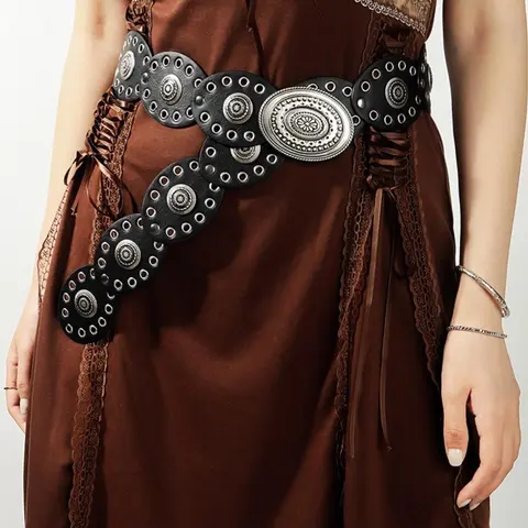 Women's Ethnic Pattern PU Leather Belt, Fashionable Metal Decor Wide Belt for Jeans, Casual Waistband for Daily Clothing Decor, Trendy Exquisite Belt for Gift, Casual Dress Belt, Statement Belts