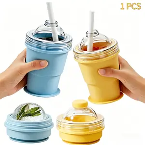 2-in-1 Collapsible Silicone Ice Ball Maker Cup & Reusable Ice Sphere Mold with Straw Lid, Portable Reusable Ice Cube Mold Water Bottle for Iced Coffee, Summer Travel, Gym & Outdoors (Blue&Yellow)
