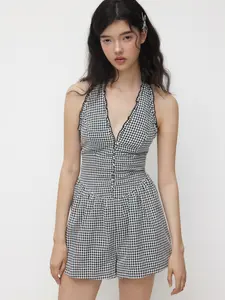 Cider Gingham Halter Neckline Shirred Lace Trim Romper, Women's V-Neck Comfortable Sleeveless Wide Leg Romper, Cute Summervibes Gingham Print Romper for Daily Wear
