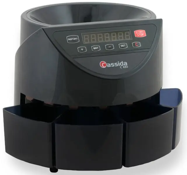 Cassida C-C100 Coin Sorter-Counter - 110 VAC, 13.6"x12.1"x10.2" Size, 1500 Coins Capacity, 7-Digit LED Screen, Counting Function, Batching Function, Operating Modes: Counting, Adding, Batching - Office Money Counter for Computers & Office Equipment